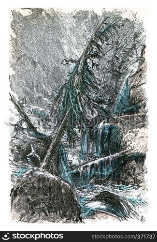 Role of water in nature, The storm and the rain, Their effects on the mountains, vintage engraved illustration. From Natural Creation and Living Beings. 