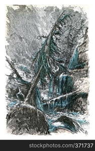 Role of water in nature, The storm and the rain, Their effects on the mountains, vintage engraved illustration. From Natural Creation and Living Beings. 