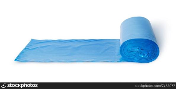 Roll of blue plastic garbage bags in front view isolated on white background
