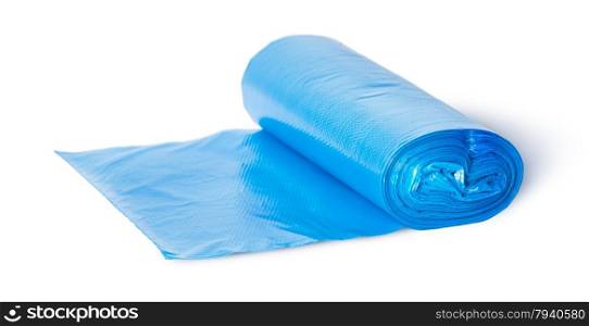 Roll of blue plastic garbage bags isolated on white background
