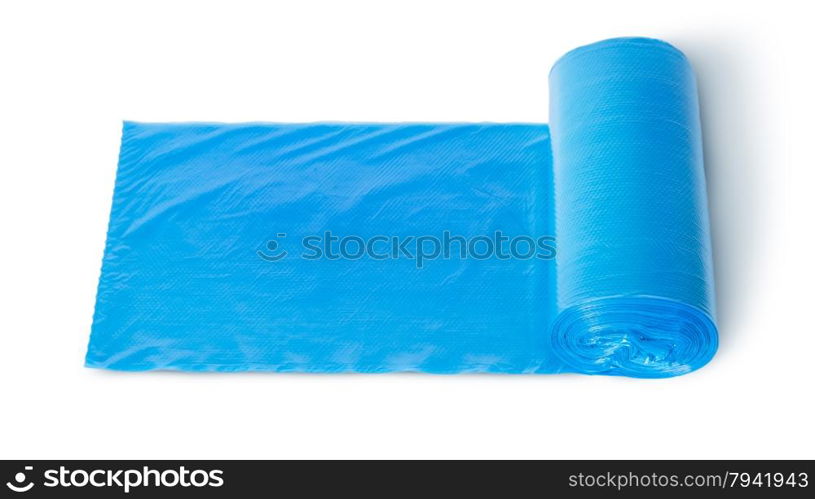 Roll of blue plastic garbage bags top view isolated on white background