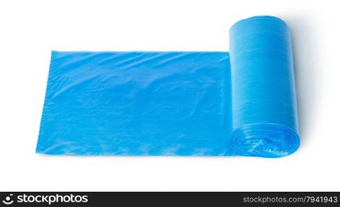 Roll of blue plastic garbage bags top view isolated on white background