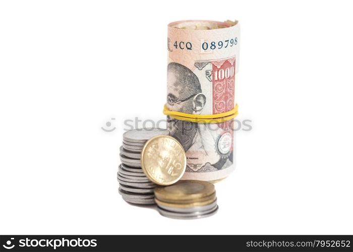 Roll of Indian Currency Rupees Notes and Coins