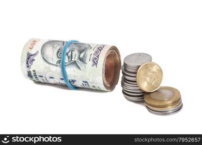 Roll of Indian Currency Rupees Notes and Coins