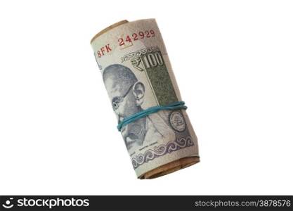Roll of Indian rupees isolated on white