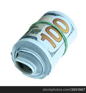 Roll of new hundred dollar bills isolated over the white background