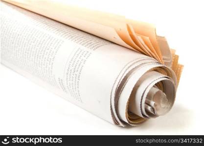 Roll of newspaper on white background