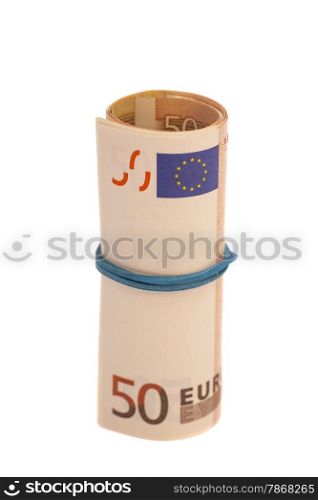 Roll of one Fifty euro banknotes with a rubber band, isolated on the white background