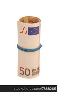 Roll of one Fifty euro banknotes with a rubber band, isolated on the white background