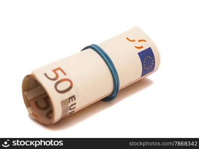 Roll of one Fifty euro banknotes with a rubber band, isolated on the white background