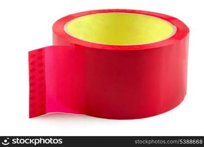 Roll of red adhesive plastic tape isolated on white