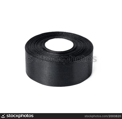 roll of silk black ribbon, wrapping decor, white isolated background