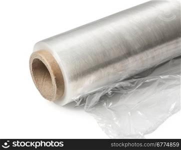 Roll of wrapping plastic stretch film. Close-up. Isolated on white background.With clipping path