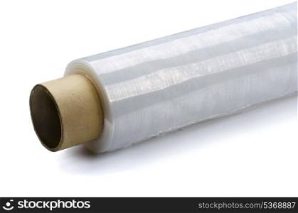 Roll of wrapping plastic stretch film on white background