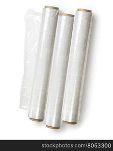 Roll of wrapping plastic stretch film on white background.