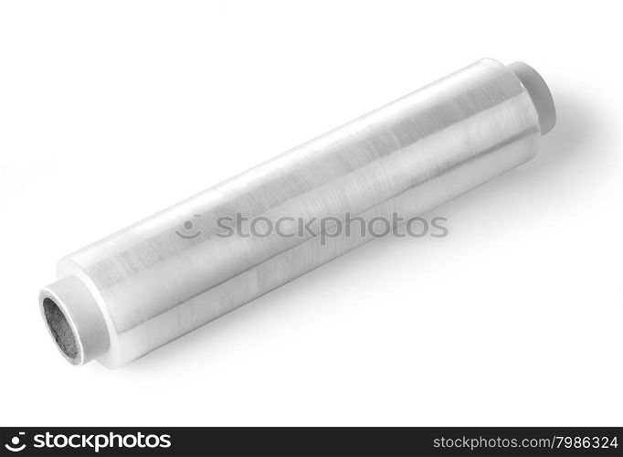 Roll of wrapping plastic stretch film on white background with clipping path