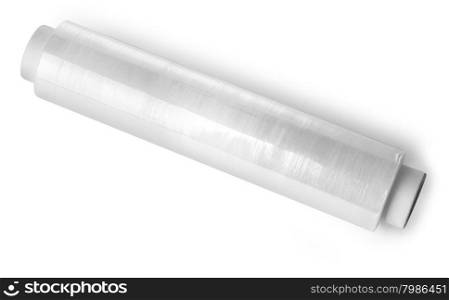 Roll of wrapping plastic stretch film on white background with clipping path