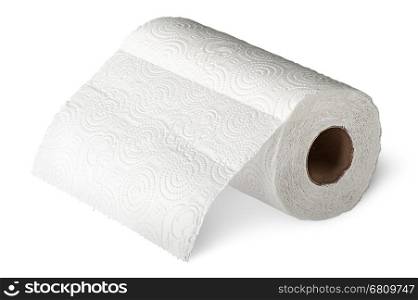 Roll white paper towels horizontally unrolled isolated on white background