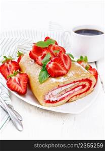 Roll with cream and strawberry jam, fresh strawberries and mint in a plate, napkin and spoons on light wooden board background