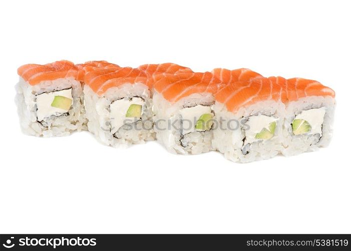 Roll with cream cheese, avocado and salmon fish topped