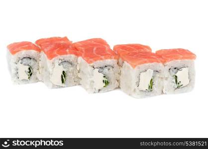 Roll with cream cheese, green onion and salmon fish topped