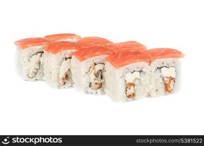 Roll with cream cheese, smoked eel and salmon fish topped