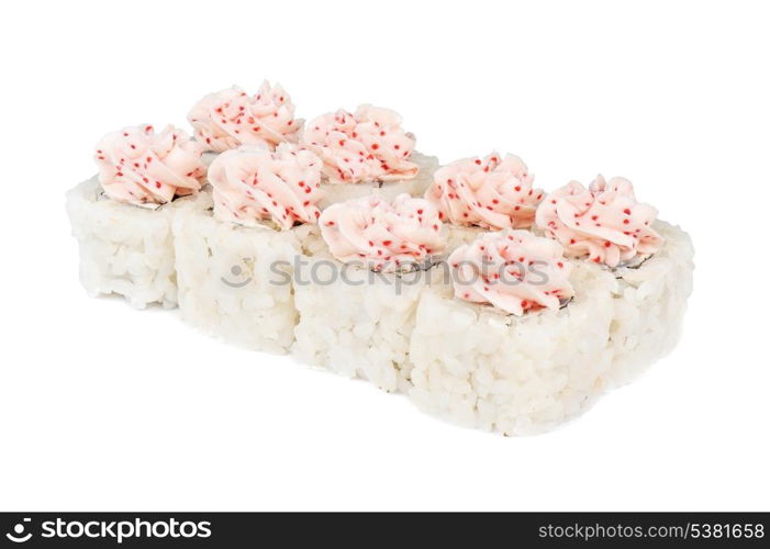 Roll with cream cheese, tobiko caviar at white
