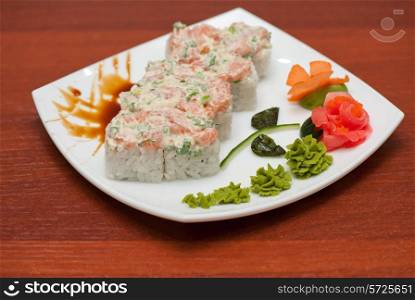Roll with cream sauce and salmon fish