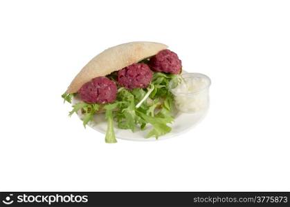 Roll with tartar on a white background.