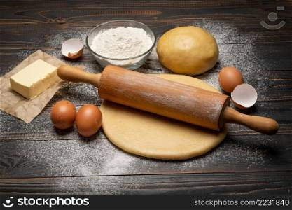 rolled and unbaked Shortcrust pastry dough recipe on wooden background or table. rolled and unbaked Shortcrust pastry dough recipe on wooden background