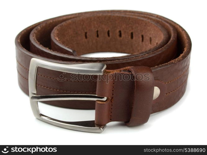 Rolled mens leather belt with metal buckle isolated on white