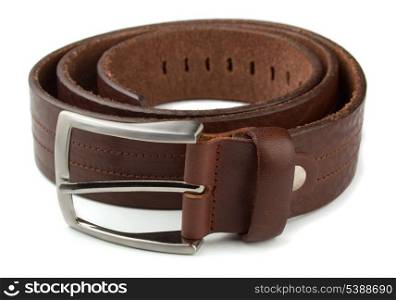 Rolled mens leather belt with metal buckle isolated on white