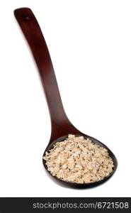 Rolled oats in a wooden spoon on a white background