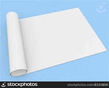 Rolled up roll of white paper A4 size on a blue background. 3d render illustration.. Rolled up roll of white paper A4 size on a blue background. 