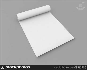 Rolled up roll of white paper A4 size on a gray background. 3d render illustration.. Rolled up roll of white paper A4 size on a gray background. 