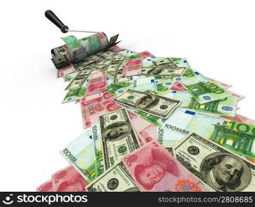 Roller brush with dollar, euro and yuan. 3d