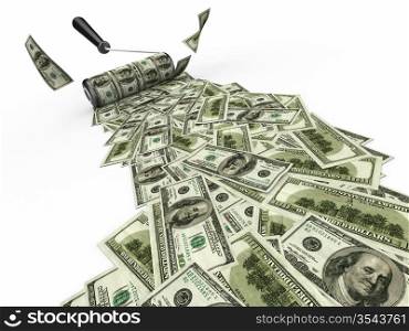 Roller brush with dollar on white isolated background. 3d