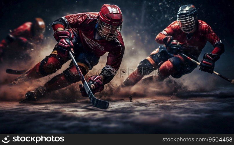 Roller Hockey Players Battling for the Puck. Generative ai. High quality illustration. Roller Hockey Players Battling for the Puck. Generative ai