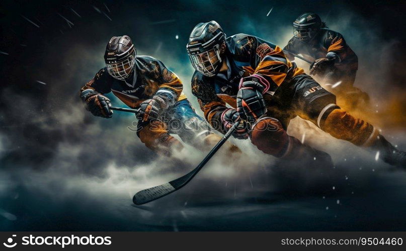 Roller Hockey Players Battling for the Puck. Generative ai. High quality illustration. Roller Hockey Players Battling for the Puck. Generative ai