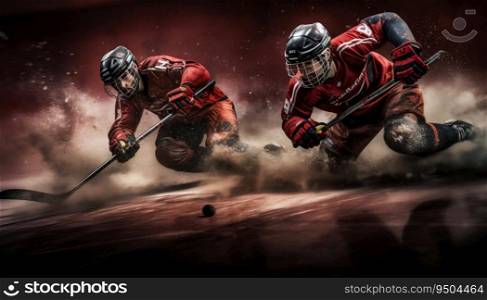 Roller Hockey Players Battling for the Puck. Generative ai. High quality illustration. Roller Hockey Players Battling for the Puck. Generative ai
