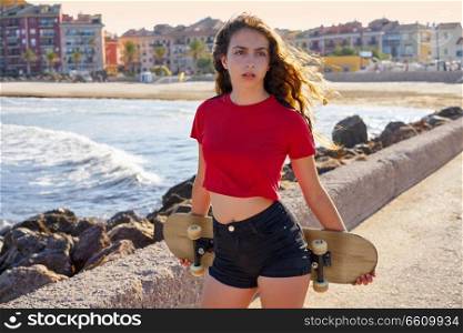 Roller Skate girl in a beach dock with red t-shirt