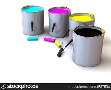 Rollers brush and buckets of paint. 3d