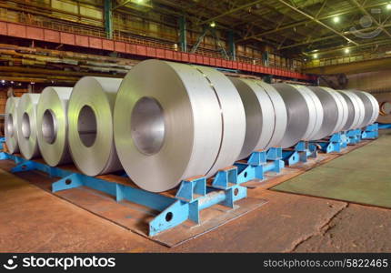 rolls of steel sheet in a factory