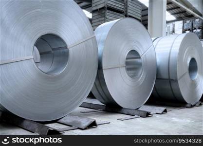 rolls of steel sheet in a plant, galvanized steel coil. High quality photo. rolls of steel sheet in a plant, galvanized steel coil