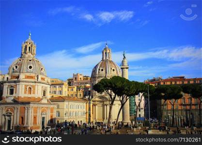 Roma, Italy - December 29, 2018: View of Piazza Venezia from Vittoriano, Vittorio Emanuele II Monument . Italy capital landmarks.