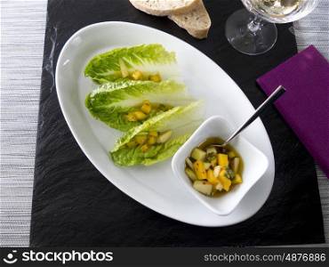 Romaine lettuce with apple mango vinaigrette&#xA;