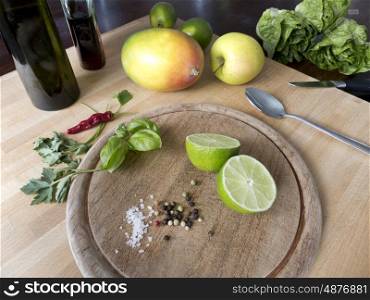 Romaine salad ingredients on a wooden board&#xA;