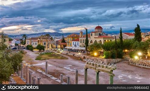 Roman Agora in the old town of Athens at twilight, Greece. Panoramic cityscape, greek landmark                     