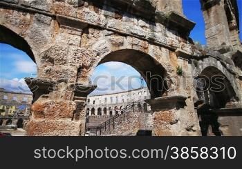 Roman amphitheater in Pula, Croatia, detail, time-lapse