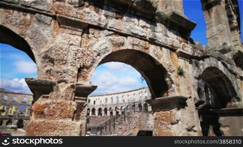 Roman amphitheater in Pula, Croatia, detail, time-lapse